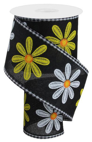 2.75"X10YD FAUX EMBROIDERY DAISY/CHECK BLK/WHT/YLLW/ORNG