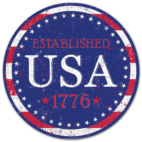 12"DIA METAL USA EST.1776 SIGN ROYAL BLUE/WHITE/RED