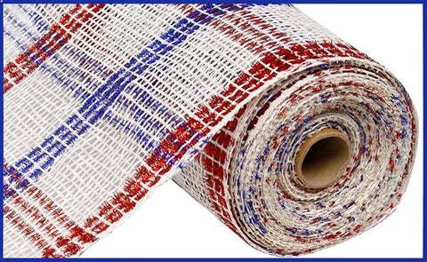 10"X10YD POLY BURLAP/TINSEL WIDE CHECK RED/WHITE/BLUE (ML)