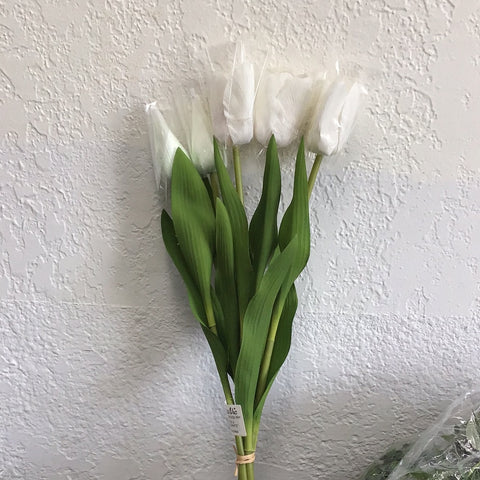 BUNDLE OF 5 DUTCH TULIP WHITE 4IN X 21IN REAL TOUCH TIED WITH RAFFIA