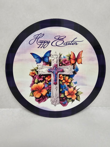 10" HAPPY EASTER BUTTERFLY CROSS METAL SIGN