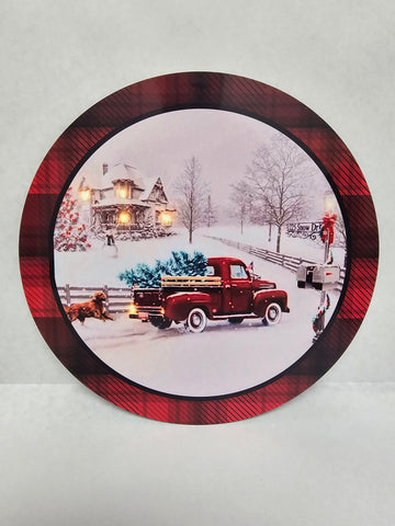 10" WINTER RED TRUCK METAL SIGN