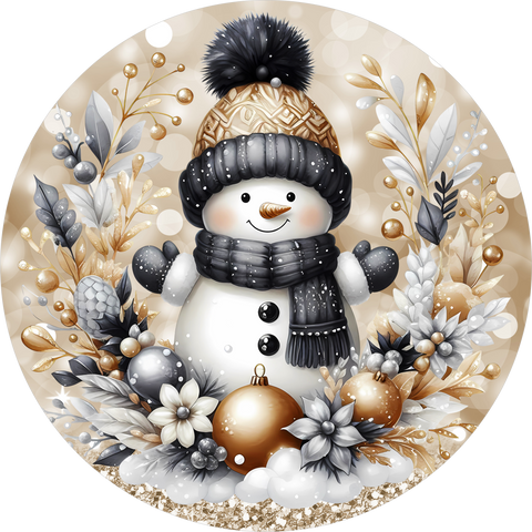 BLACK AND GOLD SNOWMAN 10" METAL SIGN