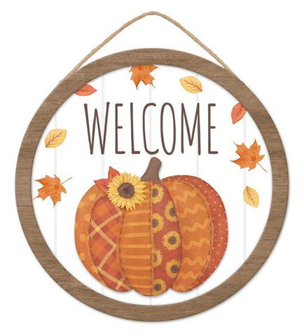 10.5"DIA WELCOME/QUILTED PUMPKIN SIGN WHITE/ORANGE/BROWN