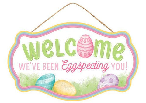12.5"L X 7.5"H WELCOME/EGGSPECTING SIGN WHITE/GREEN/PINK/TEAL