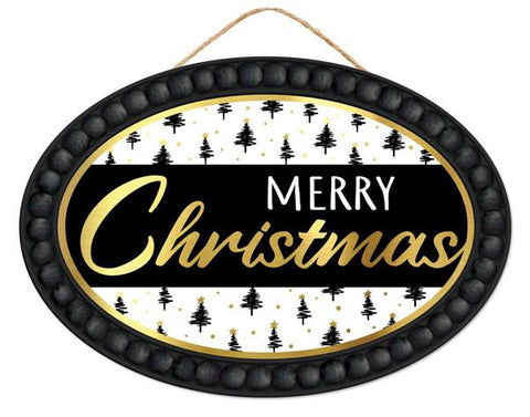 13"LX9"H MERRY CHRISTMAS OVAL SIGN BLACK/WHITE/GOLD