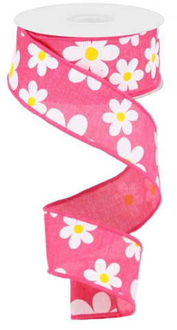 1.5"X10YD FLOWER DAISY PRINT ON ROYAL HOT PINK/WHITE/YELLOW