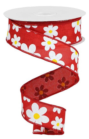 1.5"X10YD FLOWER DAISY PRINT ON ROYAL RED/WHITE/YELLOW