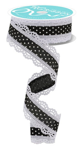 1.5"X10YD RAISED SWISS DOTS W/LACE BLACK/WHITE (AX)