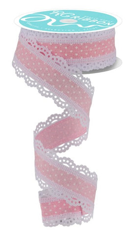 1.5"X10YD RAISED SWISS DOTS W/LACE LIGHT PINK/WHITE (AX)