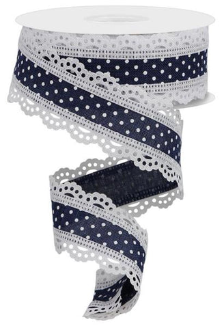 1.5"X10YD RAISED SWISS DOTS W/LACE NAVY BLUE/WHITE (AX)