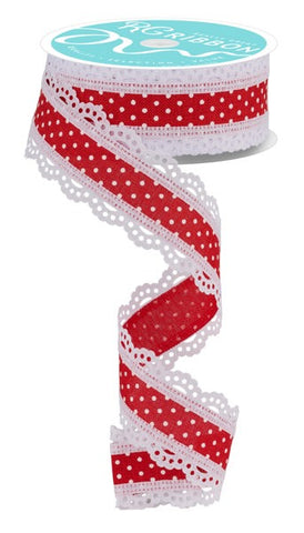 1.5"X10YD RAISED SWISS DOTS W/LACE RED/WHITE (AX)