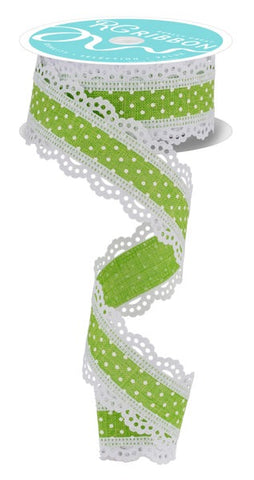 1.5"X10YD RAISED SWISS DOTS W/LACE LIME GREEN/WHITE (AX)