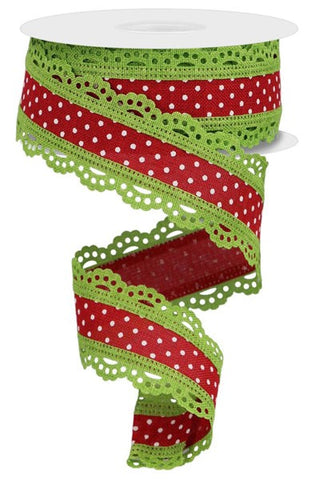 1.5"X10YD RAISED SWISS DOTS W/LACE RED/WHITE/LIME (AX)