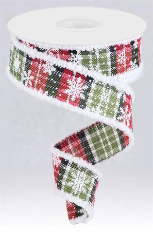 1.5"X10YD MINI SNOWFLAKE/PLAID/DRIFT RED/BLK/WHT/MOSS GRN (U)