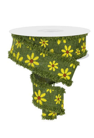 1.5"X10YD FAUX EMBROIDERY DAISY/DRIFT MOSS/YELLOW/RUST (AI)