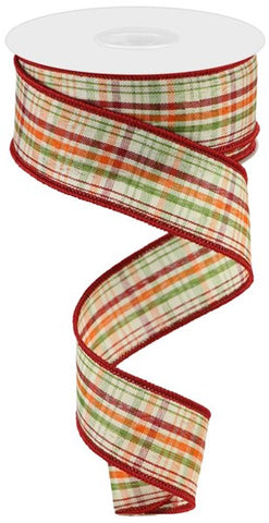 1.5"X10YD TIGHTLY WOVEN PLAID ON ROYAL ORG/GRN/CRM/DK RED (AH)