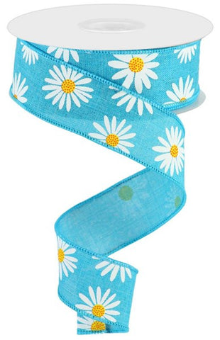 1.5"X10YD DAISY ON ROYAL TURQUOISE/WHT/YLW/ORG