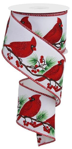 2.5"X10YD CARDINALS ON TREE BRANCH WHT/BRN/BLK/RED/GRN (U)