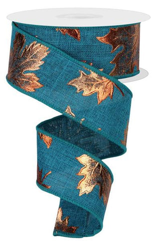 1.5"X10YD FOIL MAPLE LEAF ON ROYAL TEAL (AI)