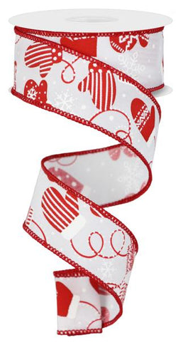 1.5"X10YD CHRISTMAS MITTENS WHITE/RED