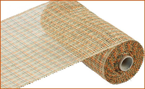 10"X10YD POLY BURLAP PLAID MESH ORANGE/BEIGE/MOSS/BROWN