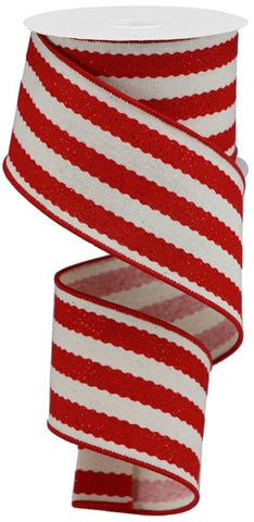 2.5"X10YD GLITTER WIDE VERTICAL STRIPES NATURAL/RED (L)