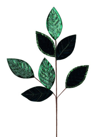 27"L VELVET/GLITTER MAGNOLIA LEAF SPRAY EMERALD GREEN