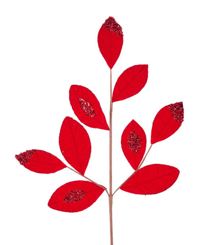 27"L VELVET/GLITTER LEAF SPRAY RED