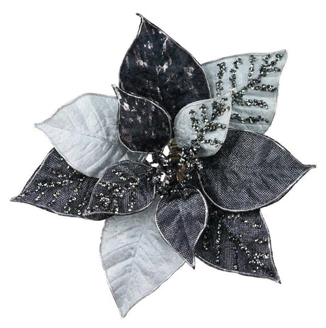 9"DIA METALLIC/VELVET POINSETTIA W/CLIP BLACK/SILVER