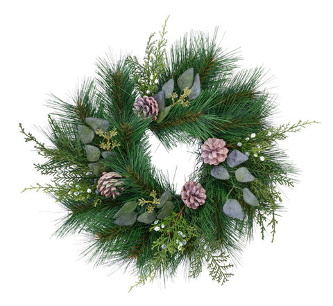 14"DIA PINE/GREENERY/PINECONES WREATH TT GREEN