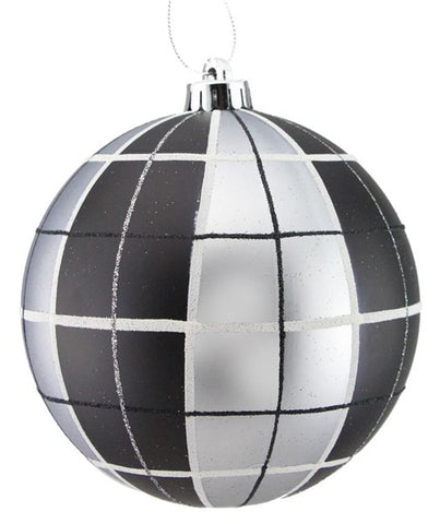 150MM PLAID BALL ORNAMENT BLACK/WHITE/PEWTER