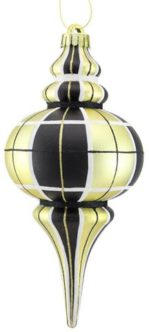 10"H PLAID MATTE/GLITTER FINIAL ORNAMENT BLACK/DARK GOLD/WHITE