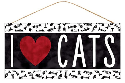12.5"L X 6"H I HEART CATS SIGN BLACK/WHITE/RED