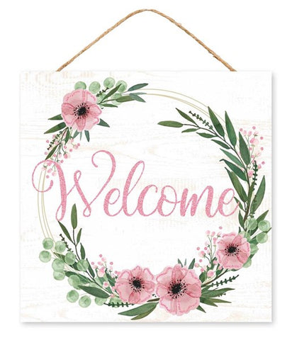 10"SQ WELCOME FLORAL WREATH GLITTER SIGN WHITE/PINK/GREEN/BLACK