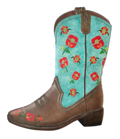 12.5"H EMBOSSED FLORAL COWBOY BOOT TURQ/BROWN/RED/ORNG/YLLW