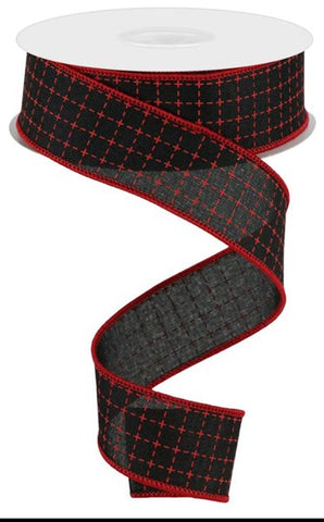 1.5"X10YD RAISED STITCHED SQUARES/ROYAL BLACK/RED