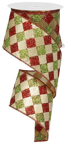 2.5"X10yd Glitter Diamond Check Gold/Red/Lime (BC)