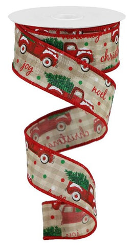 1.5"X10YD CHRISTMAS TRUCKS/CHECK BEIGE (O)