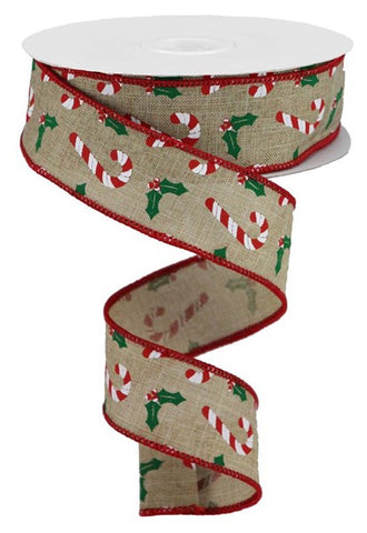 1.5"X10YD CANDY CANES/HOLLY ON ROYAL LT BEIGE/WHT/RED/EMERALD