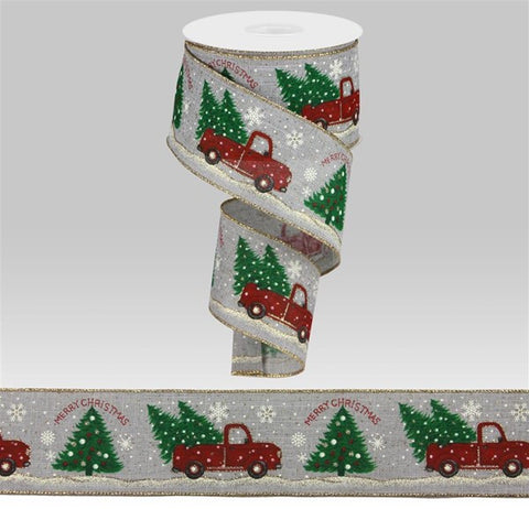 2.5"X10yd Merry Christmas Truck W/Trees on Grey (BE)