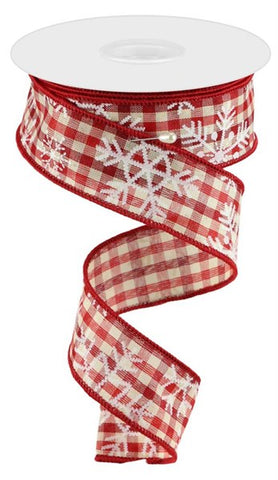 1.5"X10YD SNOWFLAKES ON GINGHAM CHECK BURGUNDY/RED/IVORY/WHITE (AA)