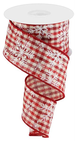 2.5"X10YD SNOWFLAKES ON GINGHAM CHECK BURGUNDY/RED/IVORY/WHITE (AA)