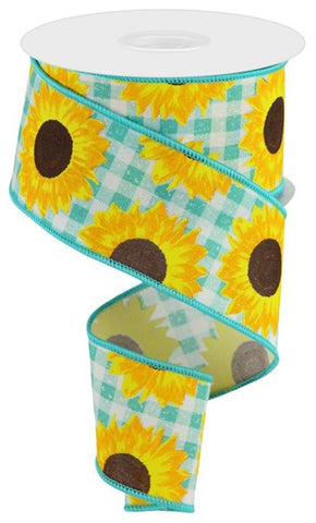2.5"X10YD SUNFLOWER ON FAUX ROYAL LT TEAL/YELLOW/ORG/BROWN (K)