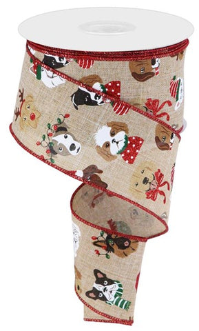 2.5"X10YD CHRISTMAS DOGS LT TAN/RED/WHT/BLK/GLD
