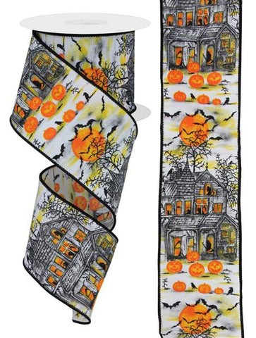 2.5"X10YD HAUNTED HOUSE/PUMPKINS WHITE/ORNG/YLLW/GRY/BLK