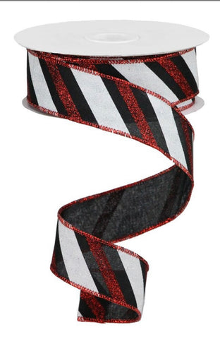 1.5"X10yd Diagonal Glitter Stripe Black/Red/White. (M)